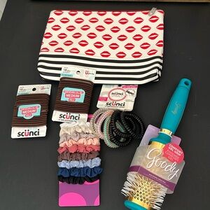 Bundle- pouch,Brush, Brown Elastics,Spiral Ponytailers,Small Scrunchies,